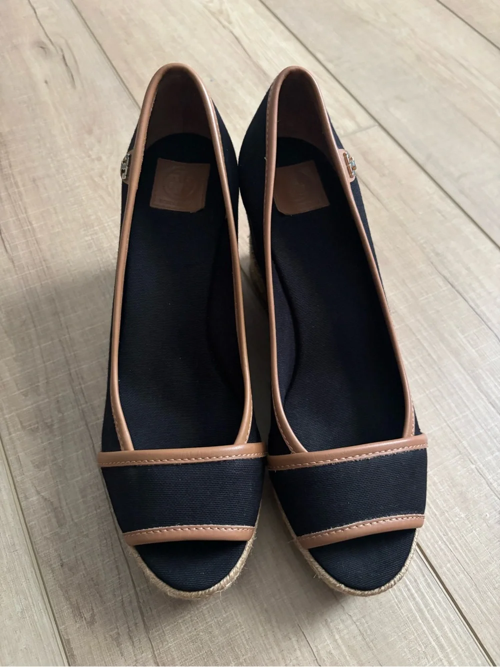 Tory Burch Majorca Black Canvas and Brown Leather Peep Toe Wedge Espadrille